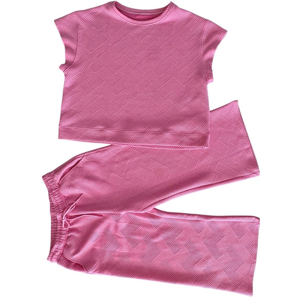 See & Be Seen Short Sleeve Crop Wide Leg Pant Pink Textured Lounge Set Size W L
